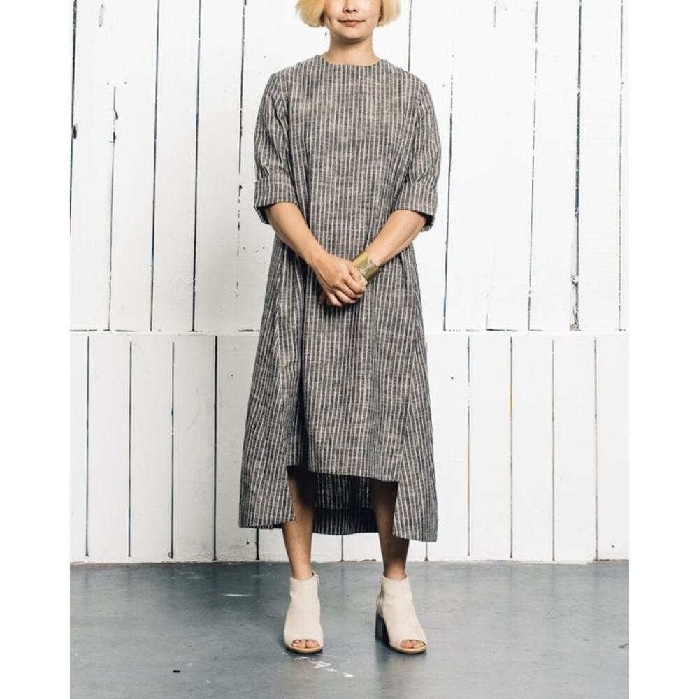 7115 by Szeki Striped Square Hem Linen Blend midi Dress sz XS